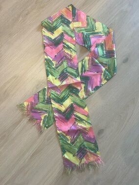Hand-Painted Silk Multicolor Scarf with Fringed Ends Pink/Green/Yellow